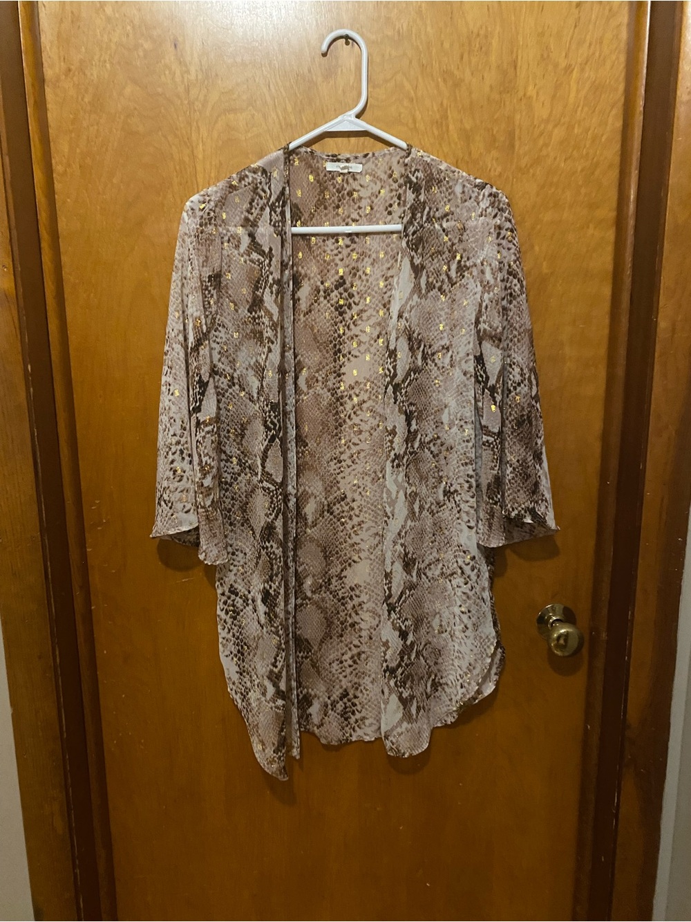 Maurices Taupe Snake-Print Open-Front Kimono with Gold Dot Accents